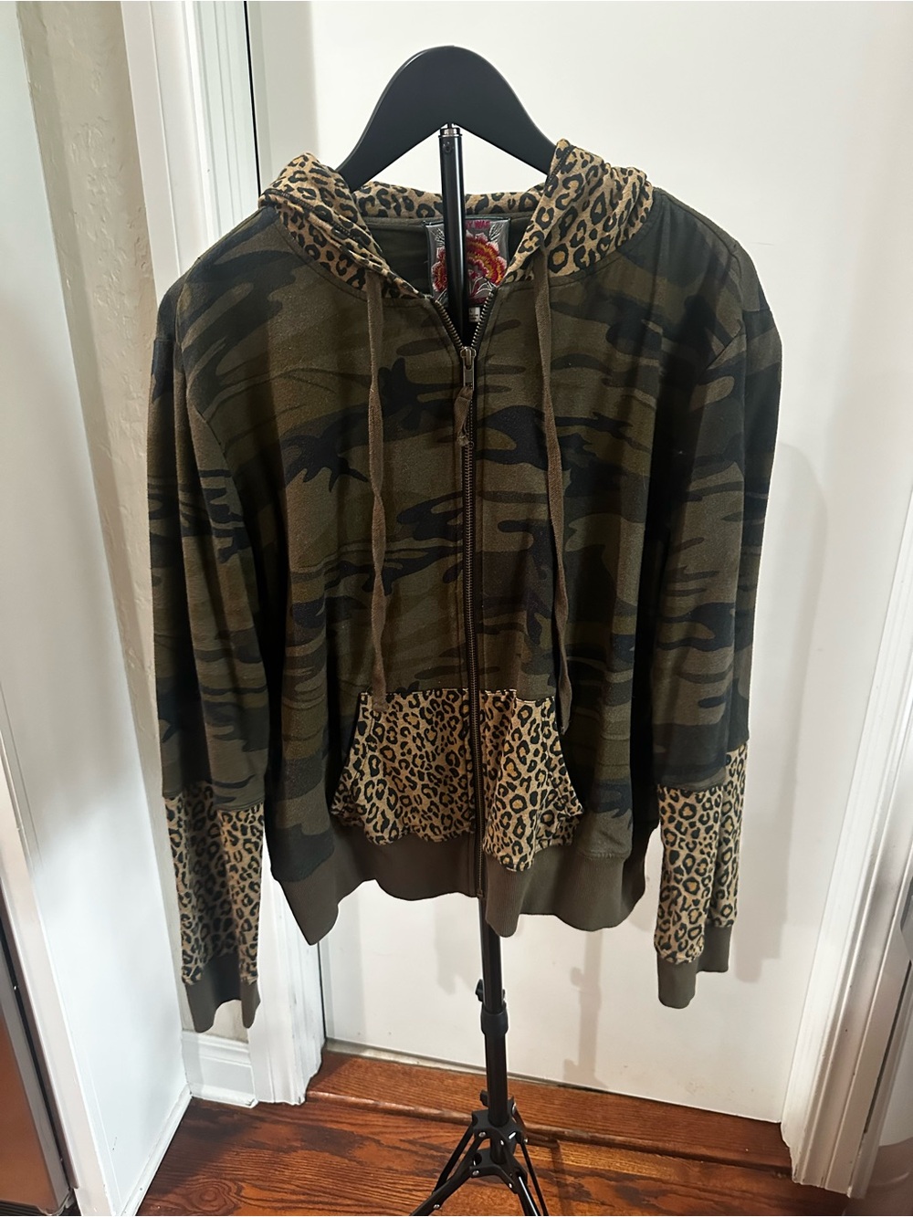 Johnny Was Olive Camo Bomber Hoodie with Leopard Trim